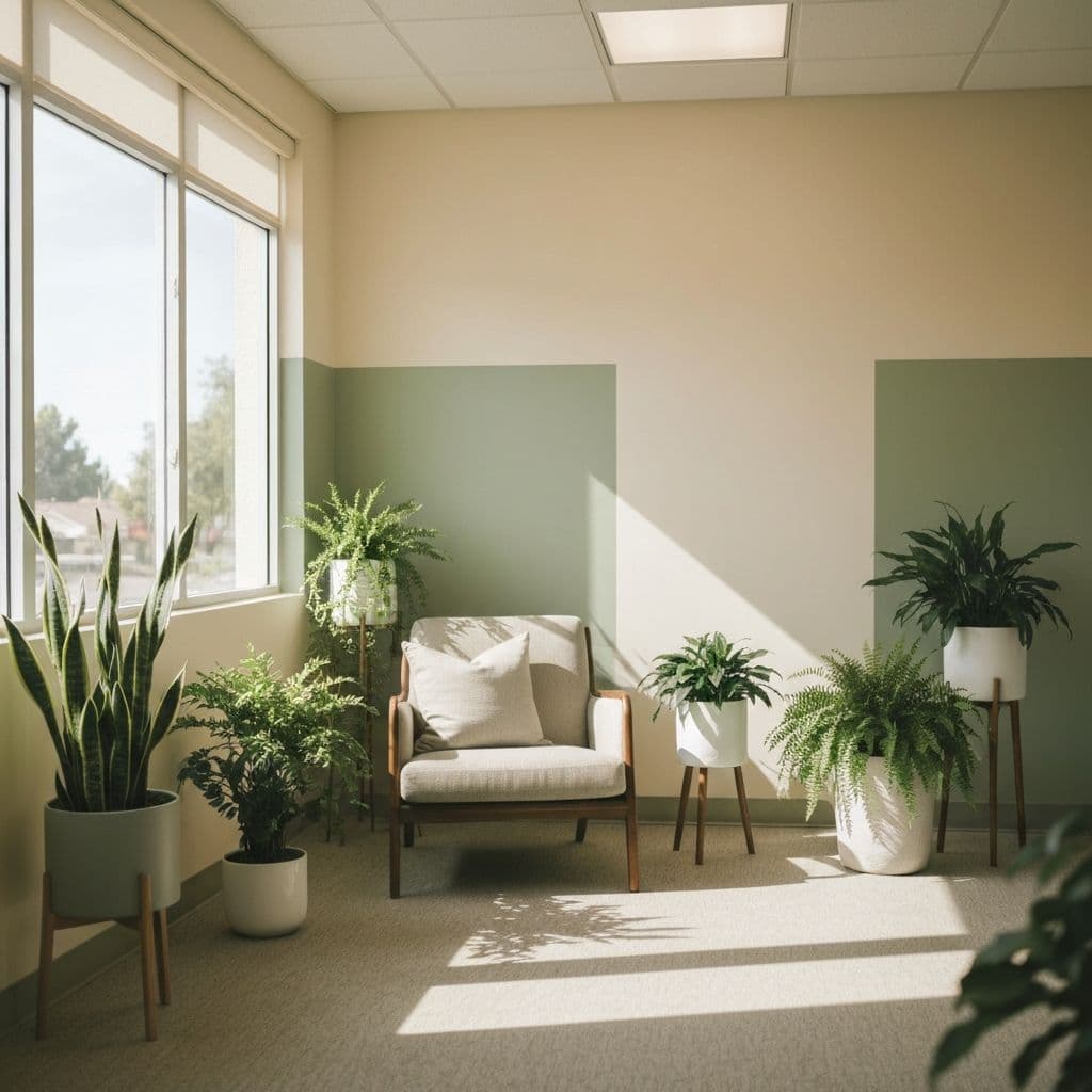 A calm, inviting therapy office with natural light and comfortable seating